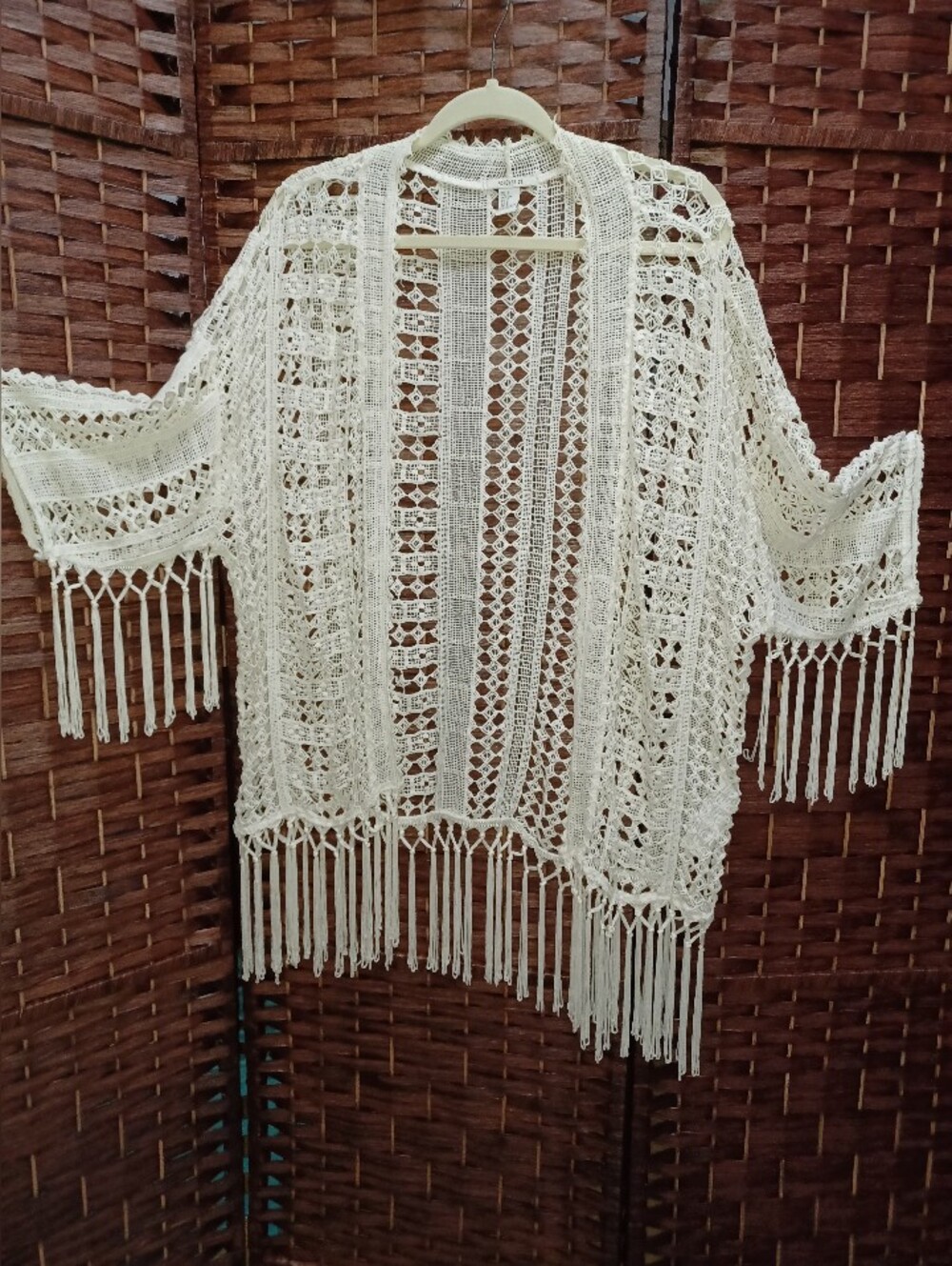 Cream Forever 21 Crochet Fringe Kimono Sweater